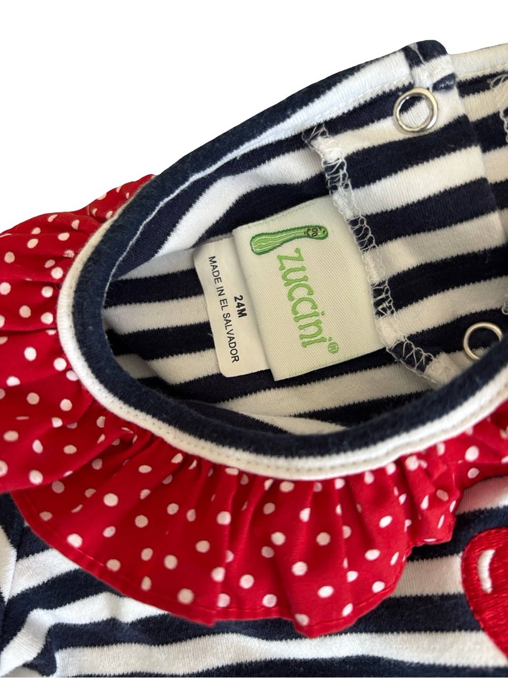 Zuccini 100% Cotton Navy Blue White Red Apple 🍎 Romper Ruffles - Picture 6 of 8